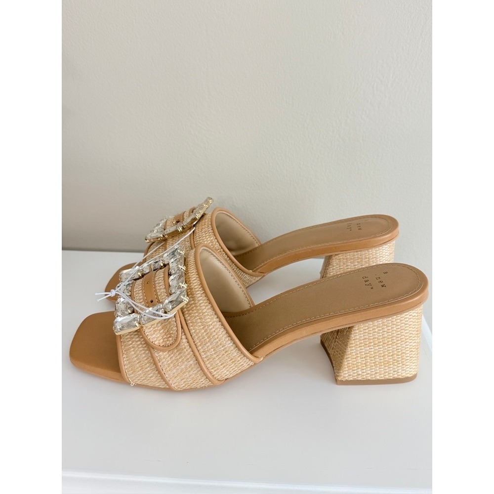 A New Day Raffia Block Heel Sandals Womens 10 Tan Rhinestone Buckle NEW - Picture 3 of 6